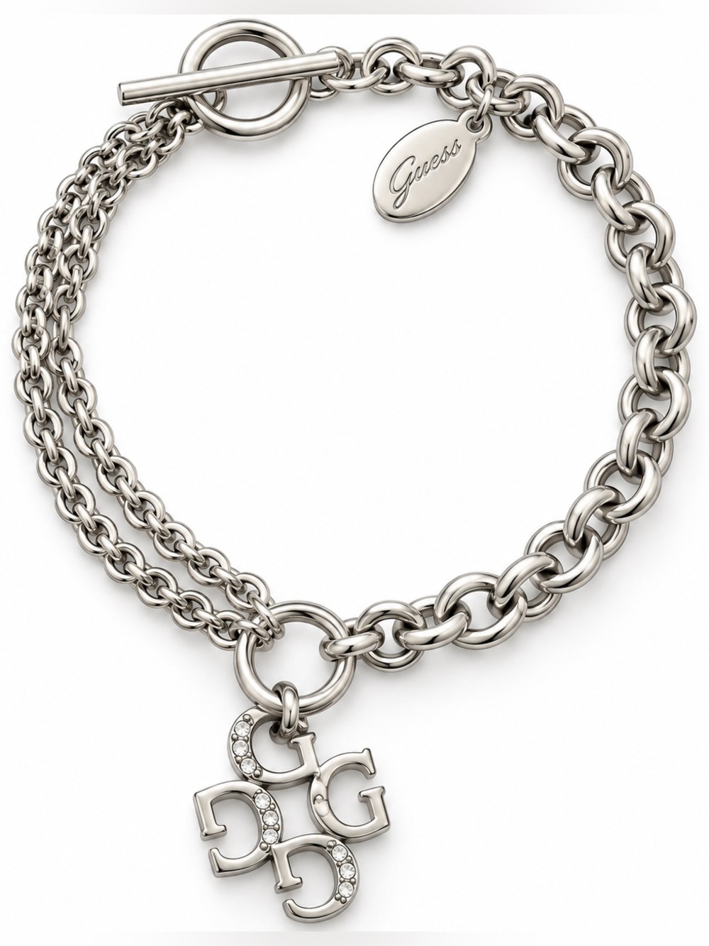 GUESS Silver Double Chain Bracelet Logo Charm stamped Guess toggle closure